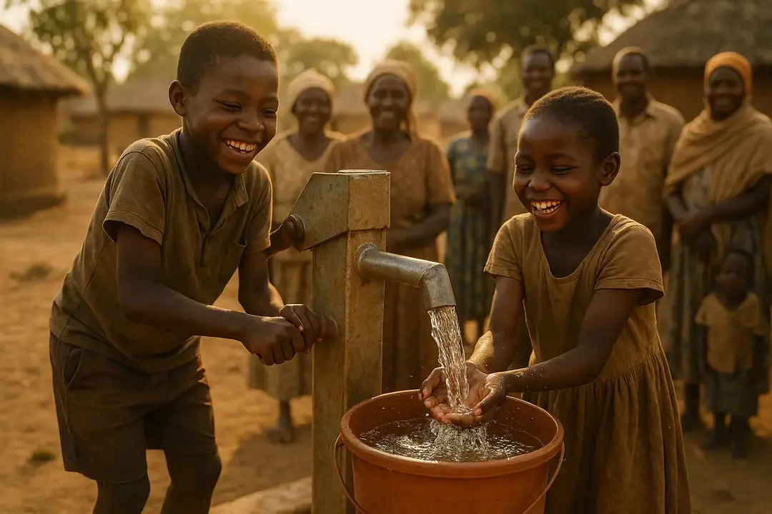 Bambini africani che bevono acqua pulita