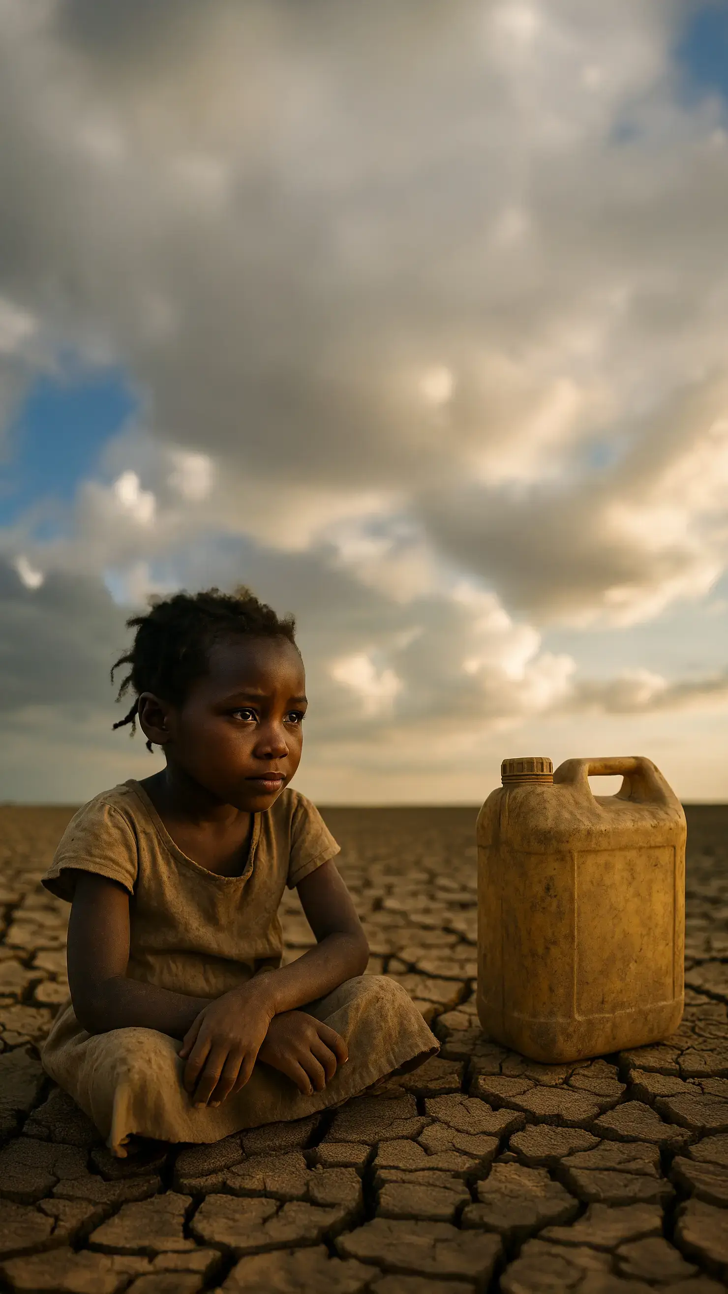Bambino che cerca acqua nel deserto